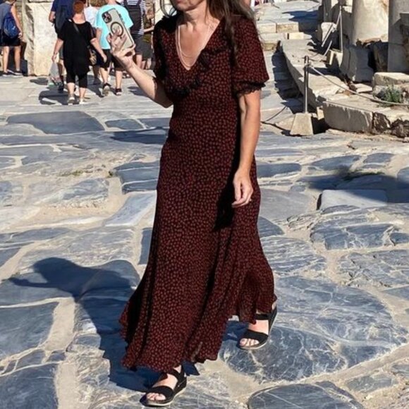 Reformation Evra Lace Trim Floral Crepe Maxi Dress Black Red Print 8 (Fits Small - Picture 3 of 13